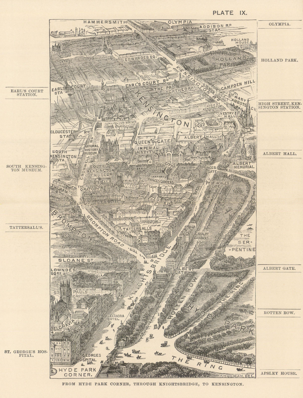 Knightsbridge bird's eye view. Hyde Park Corner to Kensington. SULMAN 1890 map